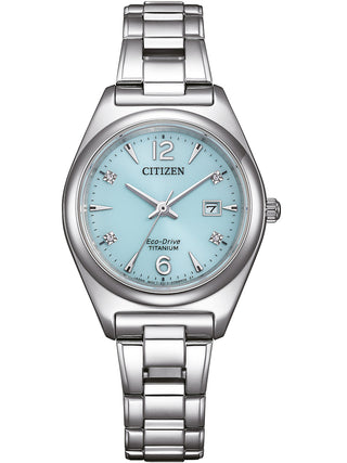Front view of Citizen EW2601-81M Blue Dial Silver Titanium Womens Watch on white background