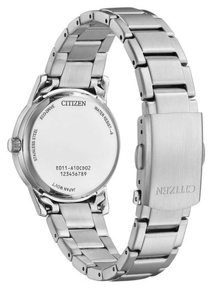 Angle shot of Citizen EW2720-57A White Dial Silver Stainless Steel Womens Watch on white background