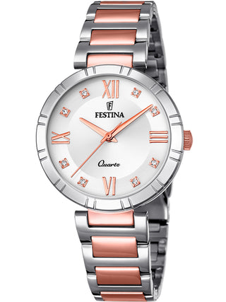 Front view of Festina F16937/D White Dial Rose Gold Stainless Steel Womens Watch on white background