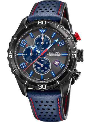 Front view of Festina Chronograph F20519/3 Black Dial Blue Stainless Steel Unisex Watch on white background