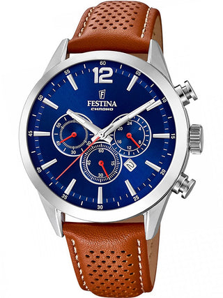 Front view of Festina Chronograph F20542/3 Blue Dial Brown Leather Unisex Watch on white background