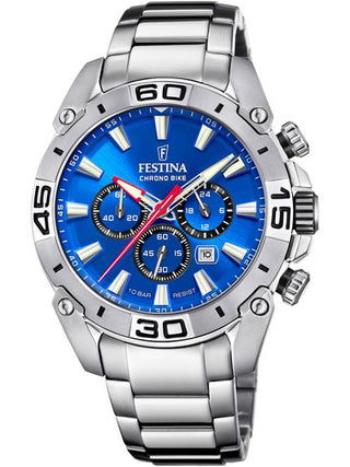 Front view of Festina Chronograph F20543/2 Blue Dial Silver Stainless Steel Unisex Watch on white background