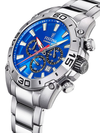 Angle shot of Festina Chronograph F20543/2 Blue Dial Silver Stainless Steel Unisex Watch on white background