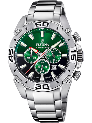 Front view of Festina Chronograph F20543/3 Green Dial Silver Stainless Steel Unisex Watch on white background