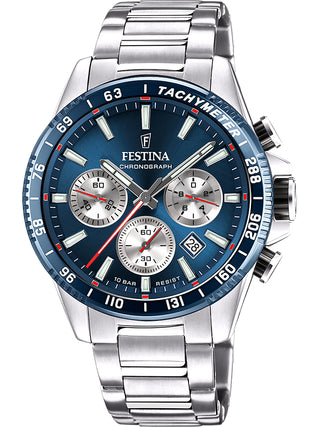 Front view of Festina Chronograph F20560/2 Blue Dial Silver Stainless Steel Unisex Watch on white background