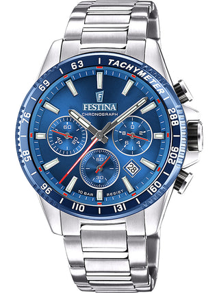 Front view of Festina Chronograph F20560/3 Blue Dial Silver Stainless Steel Unisex Watch on white background