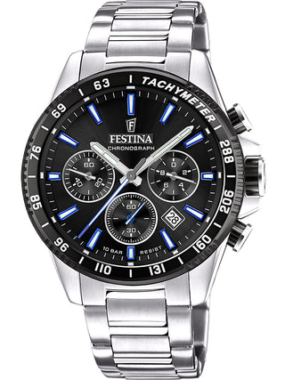 Front view of Festina Chronograph F20560/5 Black Dial Silver Stainless Steel Unisex Watch on white background