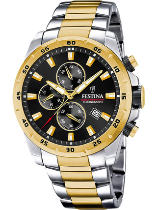 Front view of Festina Chronograph F20562/4 Black Dial Gold Stainless Steel Unisex Watch on white background