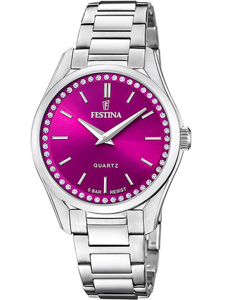 Front view of Festina F20583/2 Pink Dial Silver Stainless Steel Womens Watch on white background