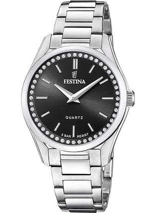 Front view of Festina F20583/4 Black Dial Silver Stainless Steel Womens Watch on white background