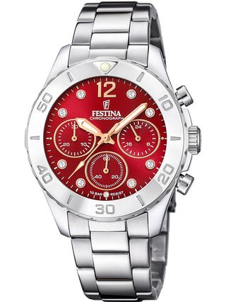 Front view of Festina Chronograph F20603/2 Red Dial Silver Stainless Steel Womens Watch on white background