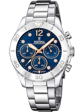 Front view of Festina Chronograph F20603/3 Blue Dial Silver Stainless Steel Womens Watch on white background