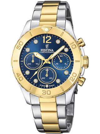 Front view of Festina Chronograph F20604/3 Blue Dial Gold Stainless Steel Womens Watch on white background