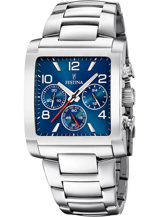 Front view of Festina Chronograph F20652/1 Blue Dial Silver Stainless Steel Unisex Watch on white background