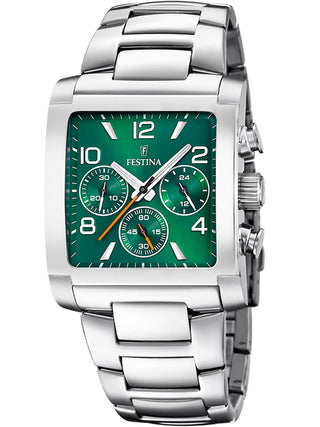 Front view of Festina Chronograph F20652/2 Green Dial Silver Stainless Steel Unisex Watch on white background