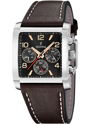 Front view of Festina Chronograph F20653/4 Black Dial Brown Leather Unisex Watch on white background