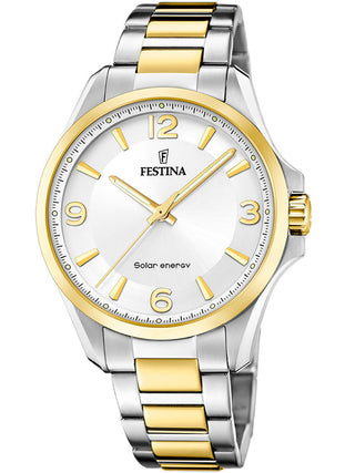 Front view of Festina F20657/1 White Dial Gold Stainless Steel Unisex Watch on white background