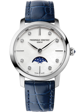 Front view of Frederique Constant FC-206MPWD1S6 Mother Of Pearl Dial Blue Leather Womens Watch on white background