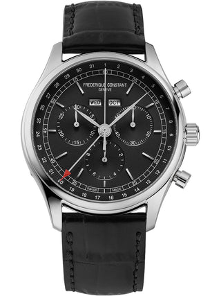 Front view of Frederique Constant Chronograph FC-296DG5B6 Black Leather Unisex Watch on white background