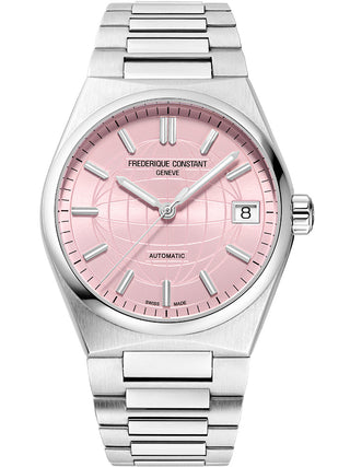 Front view of Frederique Constant FC-303LP2NH6B Pink Dial Silver Stainless Steel Womens Watch on white background