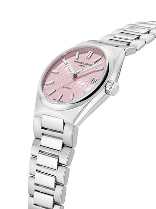 Angle shot of Frederique Constant FC-303LP2NH6B Pink Dial Silver Stainless Steel Womens Watch on white background