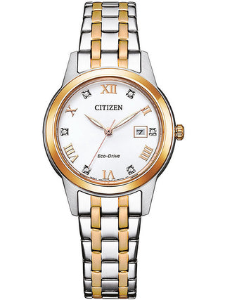 Front view of Citizen FE1246-85A Silver Dial Rose Gold Stainless Steel Womens Watch on white background