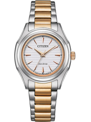 Front view of Citizen FE2116-85A Silver Dial Rose Gold Stainless Steel Womens Watch on white background