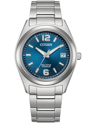 Front view of Citizen FE6151-82L Blue Dial Silver Titanium Womens Watch on white background