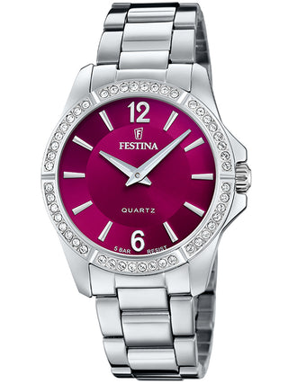 Front view of Festina F20593/2 Red Dial Silver Stainless Steel Womens Watch on white background