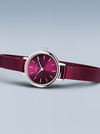 Angle shot of Bering 11022-909 Purple Stainless Steel Womens Watch on white background