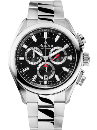 Front view of Alpina Chronograph AL-373BS4E6B Black Dial Silver Stainless Steel Unisex Watch on white background