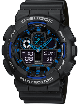 Front view of Casio G-Shock Chronograph GA-100-1A2ER Black Resin Mens Watch on white background