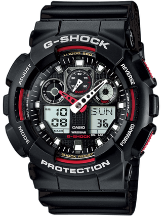 Front view of Casio G-Shock Chronograph GA-100-1A4ER Black Resin Mens Watch on white background