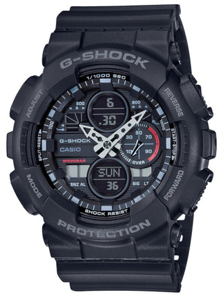 Front view of Casio G-Shock Chronograph GA-140-1A1ER Black Resin Mens Watch on white background