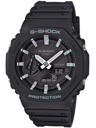 Front view of Casio G-Shock Chronograph GA-2100-1AER Black Resin Mens Watch on white background