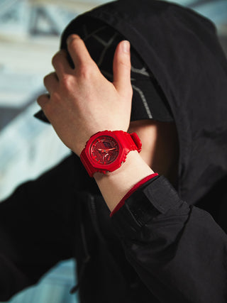 Angle shot of Casio Oak Red Chronograph GA-2100-4AER Red Dial Resin Unisex Watch on white background