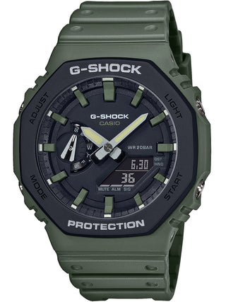 Front view of Casio G-Shock GA-2110SU-3AER Black Dial Green Resin Mens Watch on white background