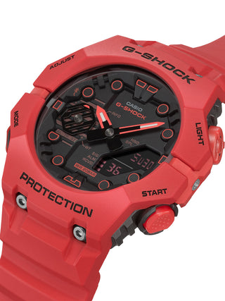 Angle shot of Casio G-Shock GA-B001-4AER Red Dial Resin Mens Watch on white background