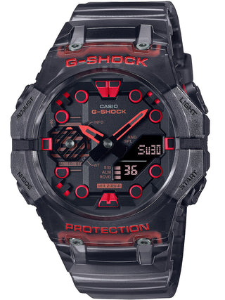 Front view of Casio G-Shock GA-B001G-1AER Red Dial Grey Resin Mens Watch on white background