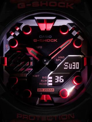 Angle shot of Casio G-Shock GA-B001G-1AER Red Dial Grey Resin Mens Watch on white background