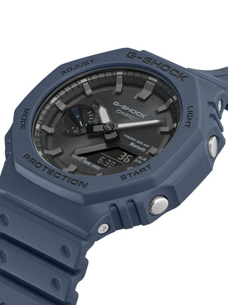 Angle shot of Casio G-Shock GA-B2100-2AER Black Dial Blue Resin Mens Watch on white background