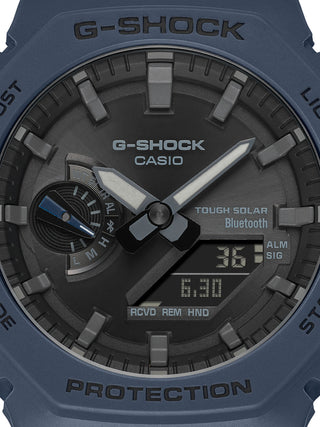 Angle shot of Casio G-Shock GA-B2100-2AER Black Dial Blue Resin Mens Watch on white background