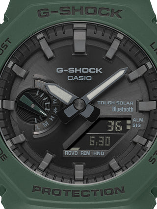 Angle shot of Casio G-Shock GA-B2100-3AER Black Dial Green Resin Mens Watch on white background