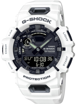 Front view of Casio G-Shock GBA-900-7AER Black Dial White Resin Mens Watch on white background