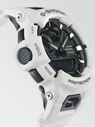 Angle shot of Casio G-Shock GBA-900-7AER Black Dial White Resin Mens Watch on white background