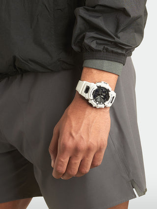 Angle shot of Casio G-Shock GBA-900-7AER Black Dial White Resin Mens Watch on white background