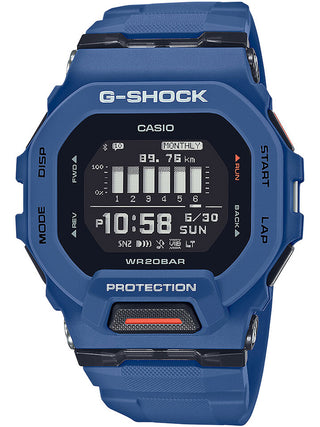 Front view of Casio G-Shock GBD-200-2ER Black Dial Blue Resin Mens Watch on white background