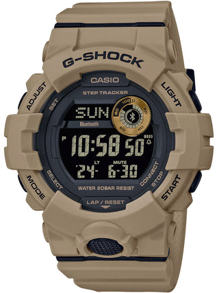 Front view of Casio G-Shock GBD-800UC-5ER Black Dial Beige Resin Mens Watch on white background