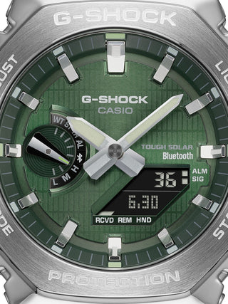 Angle shot of Casio G-Steel Tough Solar Bluetooth® Green Dial GBM-2100A-1A3ER Green Dial Black Plastic Unisex Watch on white background