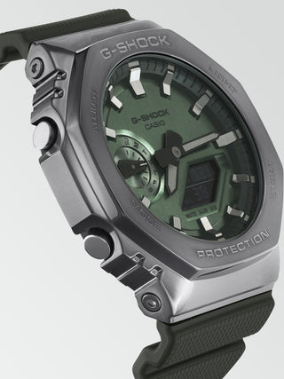 Angle shot of Casio G-Shock GM-2100B-3AER Green Resin Mens Watch on white background